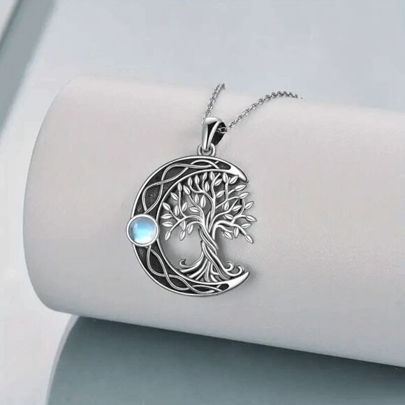 Crescent Moon & Tree Of Life Moon Stone Pendant - Picture 1 of 3